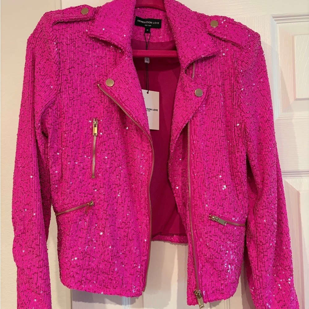 NWT Generation Love Fuchsia Sequin Moto Blazer Size M